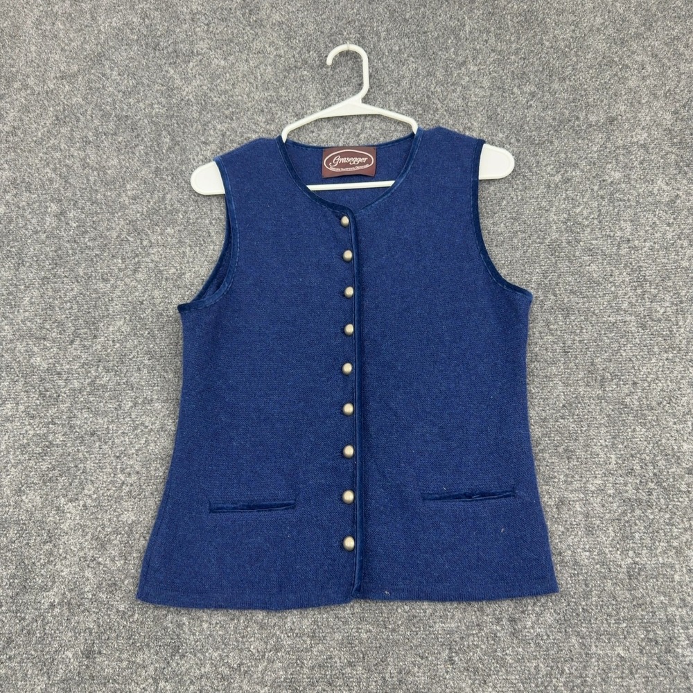 Vintage Grasegger Vest Womens 38 Blue Merino Lambswool Trachten Bavarian Folk